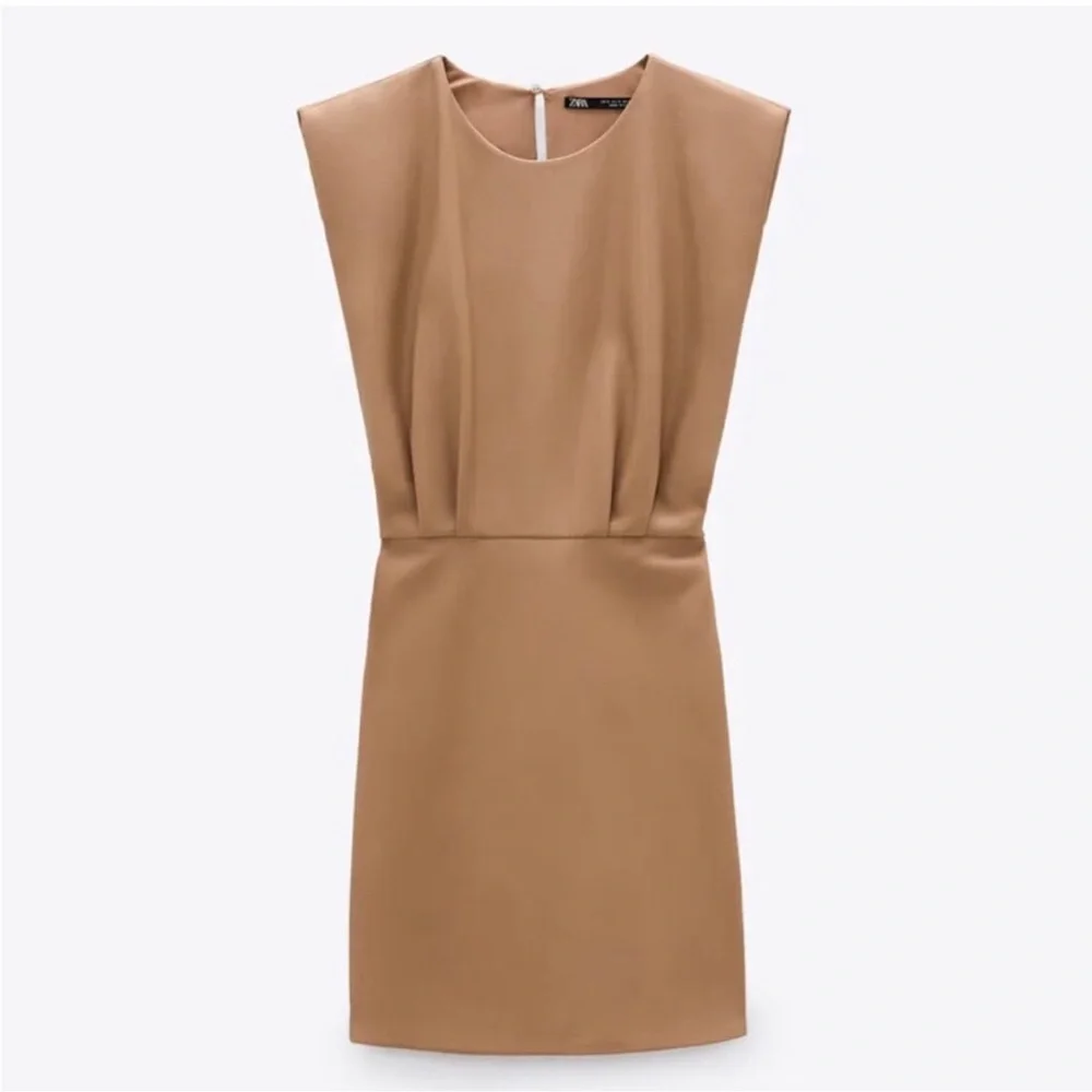 ZARA Faux Leather Padded Shoulder Mini Dress Womens Brown Sleeveless Size Large - Picture 12 of 15